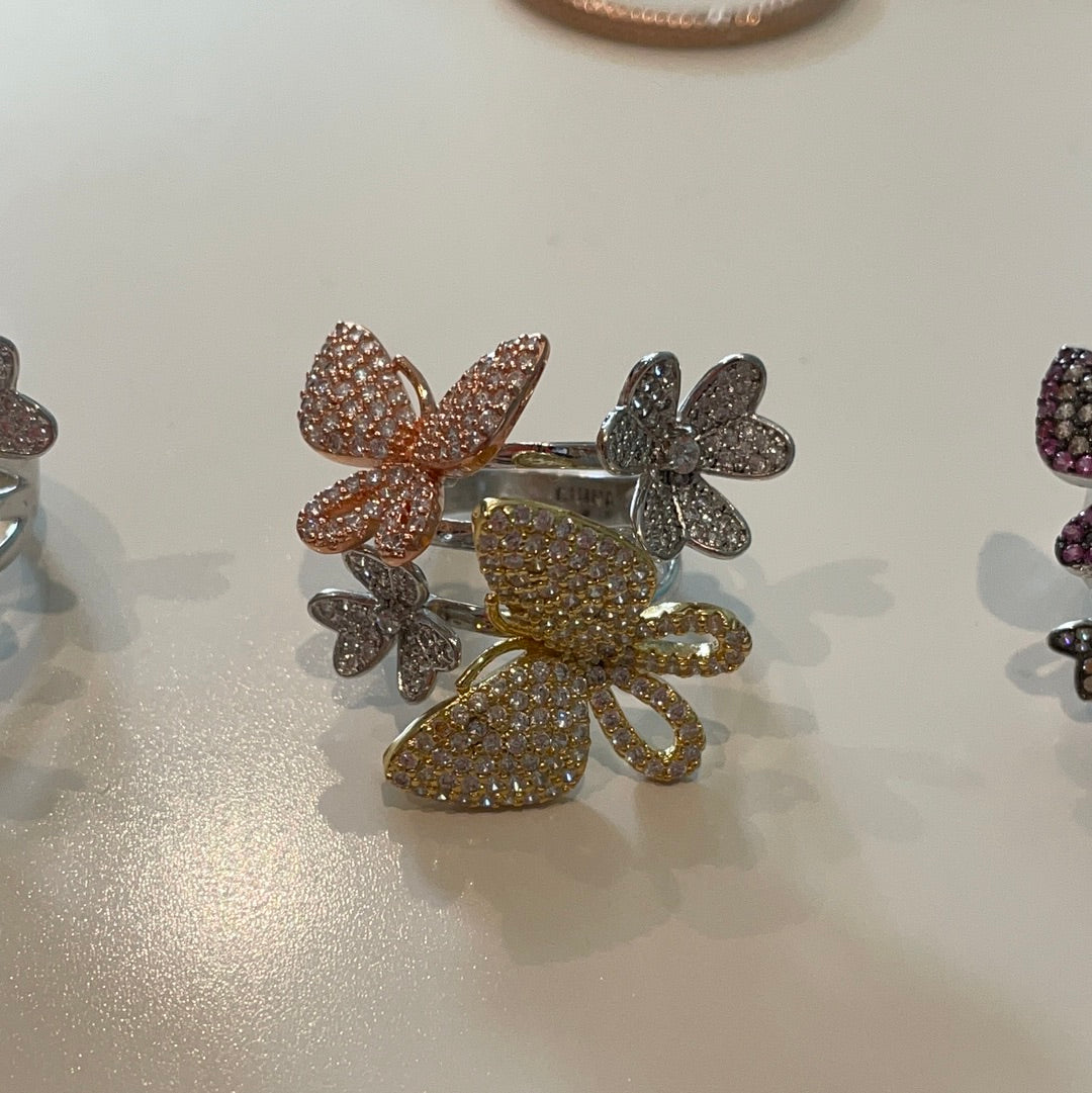 Brand New BEAUTIFUL Sterling Silver Pave Butterfly Ring in Various Colours and Sizes