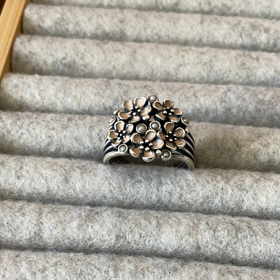 Genuine Pandora Cherry Blossom Ring With Pearls HTF RARE Size 56