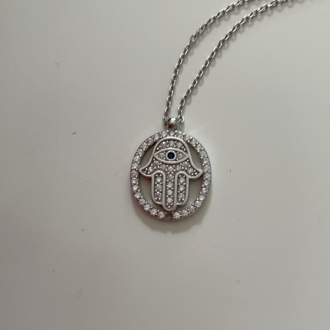 Brand New Pave CZ Hamsa Hand Protection Sterling Silver Necklace