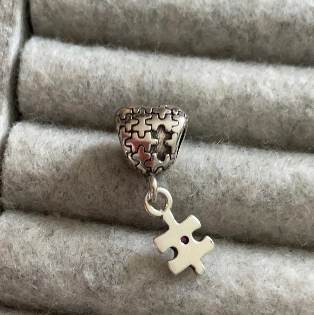 Sterling Silver Jigsaw Piece Autism Awareness Charm Dangle with Love on the Piece