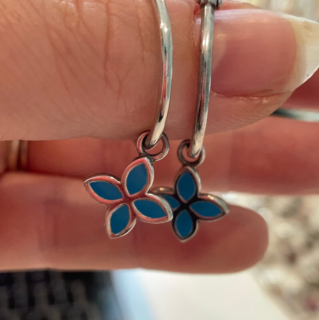 Genuine Pandora Hoops and Blue Enamel Flower Dangle Compose Earrings RARE