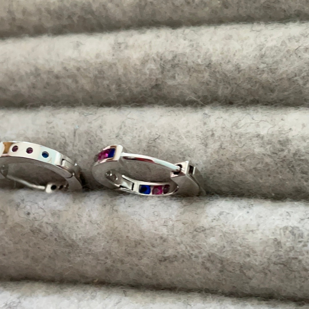 Brand New Sterling Silver Small Sleeper Hoops With Rainbow Coloured CZ Pave Earrings