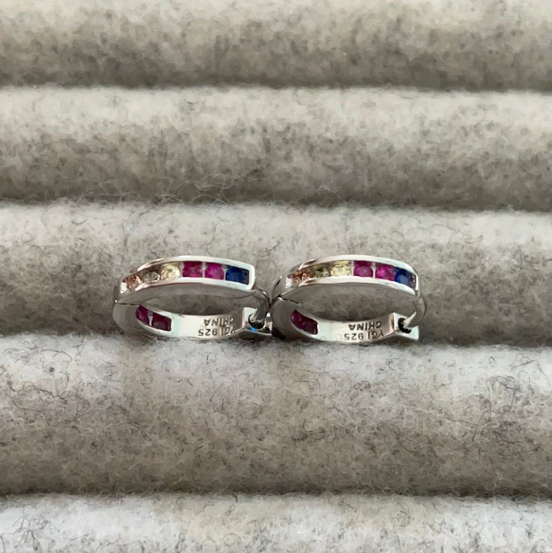 Brand New Sterling Silver Small Sleeper Hoops With Rainbow Coloured CZ Pave Earrings