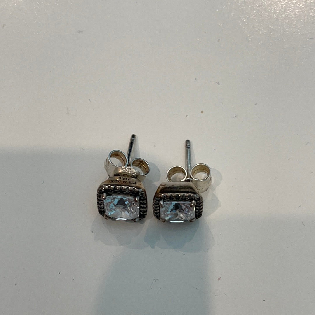 Genuine Pandora Silver / Rose Gold Pave Square Stone Sparkle Studs Earrings