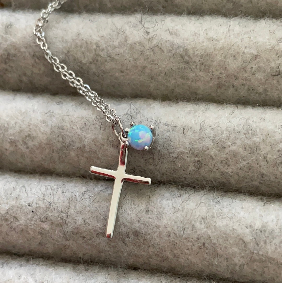 Brand New Sterling Silver Argento Cross and Opal Dangle Necklace BEAUTIFUL and Dainty