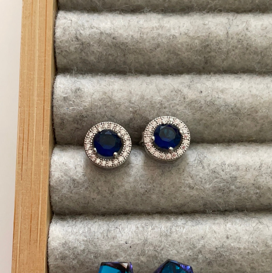 Brand New Sterling Silver CZ Blue Stone Sparkle Pave Studs Beautiful Slightly Openwork