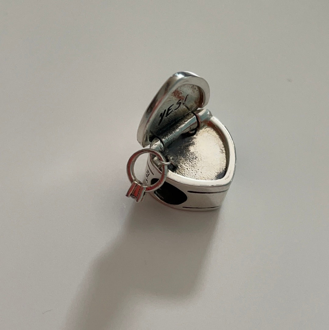 Genuine Pandora Engagement Ring in Box with Dangle Ring and 'Yes!' in the Box Lid