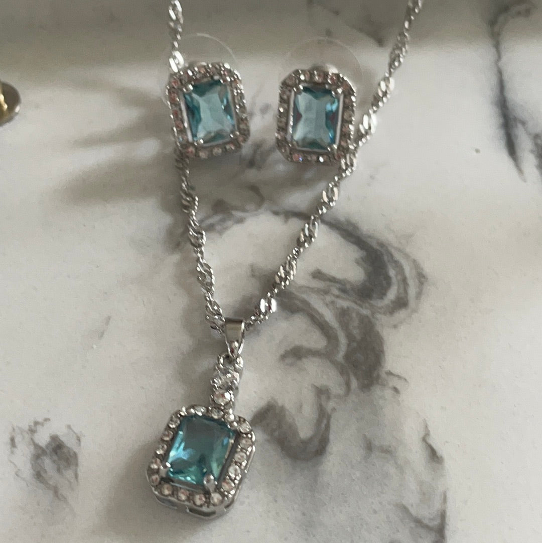 Brand New Set of Earrings and Necklace With Pale Blue Stone Pave