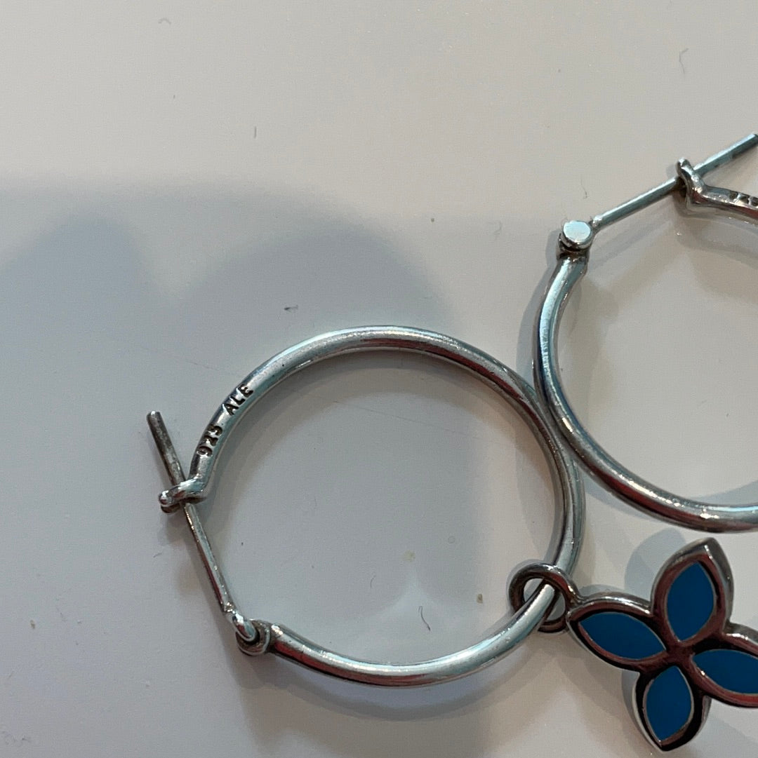 Genuine Pandora Hoops and Blue Enamel Flower Dangle Compose Earrings RARE