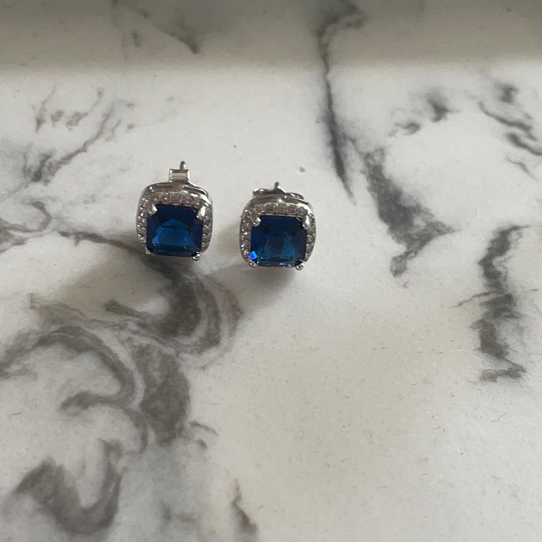 Brand New Sterling Silver CZ Blue Stone Pave Studs Beautiful