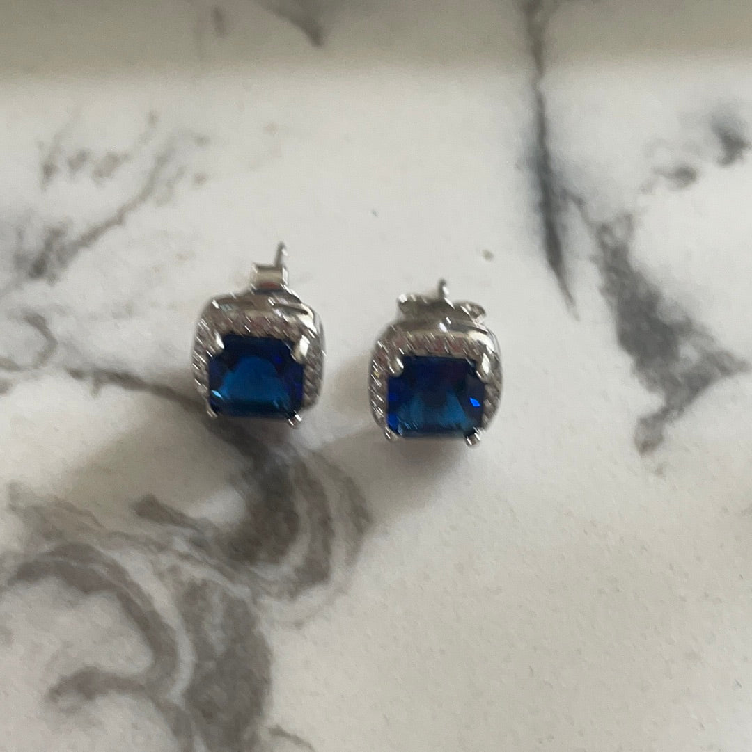 Brand New Sterling Silver CZ Blue Stone Pave Studs Beautiful