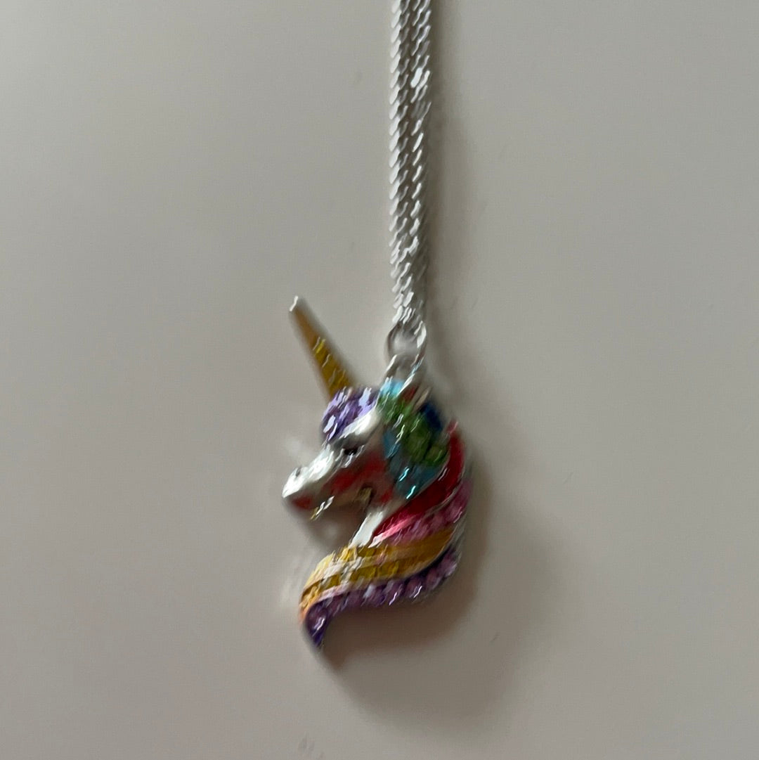 Brand New Silver Plated Enamel Colourful Unicorn Necklace IN BOX