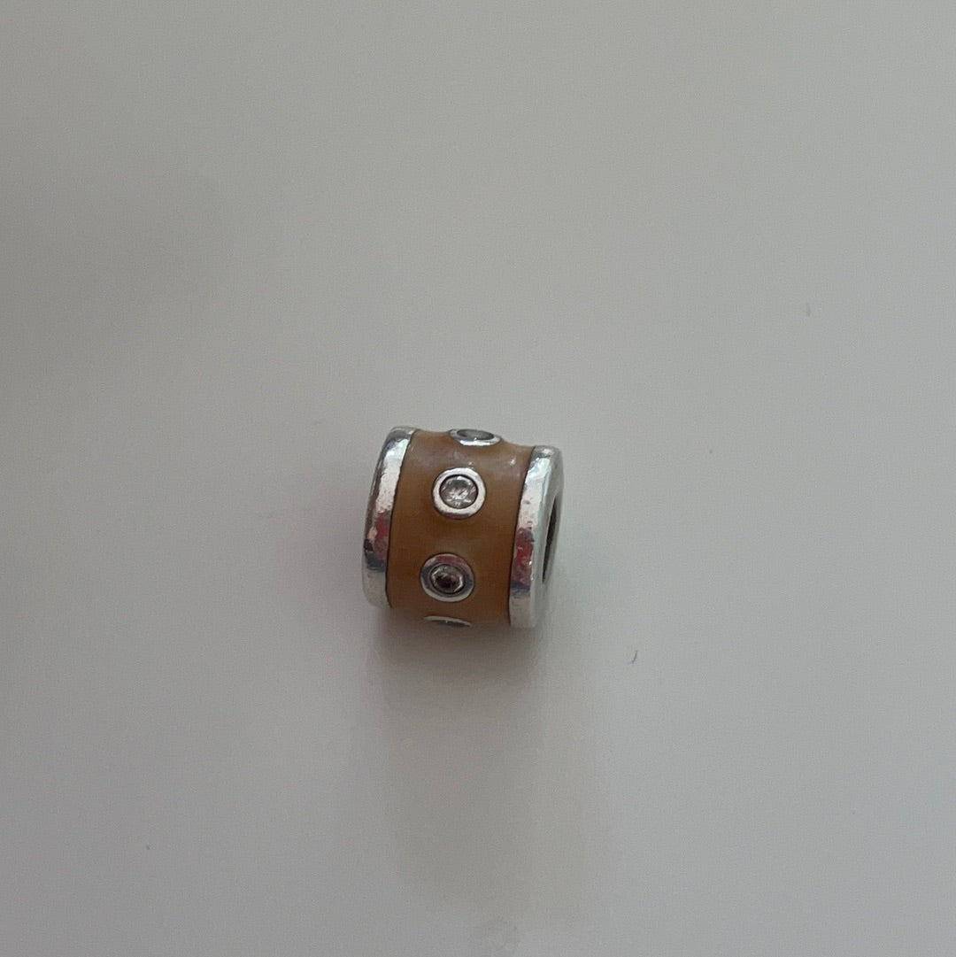 Genuine Pandora Tan Brown Enamel Barrel charm With Clear CZ Rare