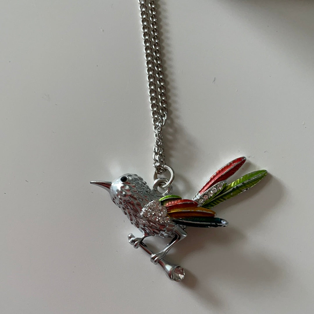 Brand New Silver Plated Enamel Colourful Bird on a Perch Necklace IN BOX