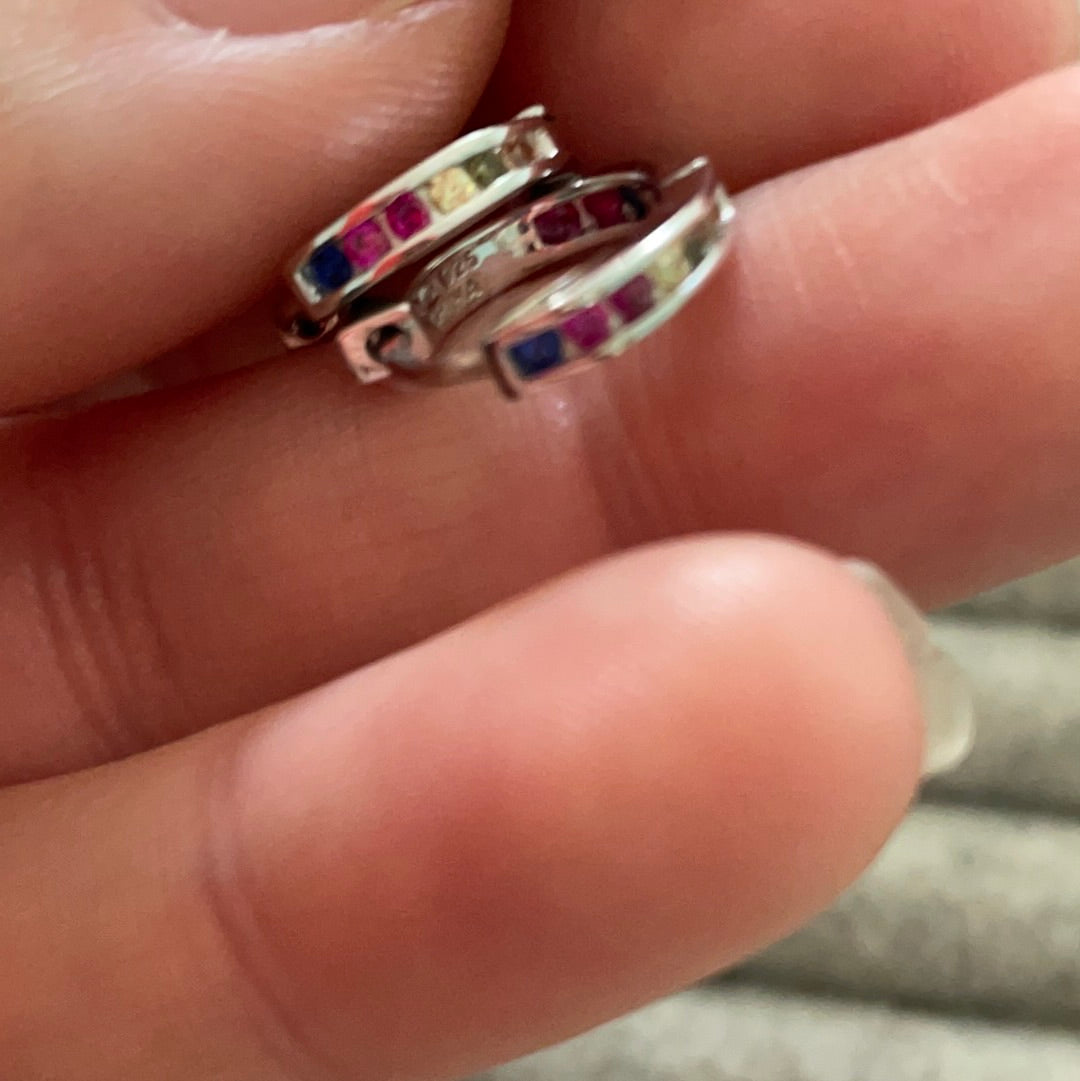 Brand New Sterling Silver Small Sleeper Hoops With Rainbow Coloured CZ Pave Earrings