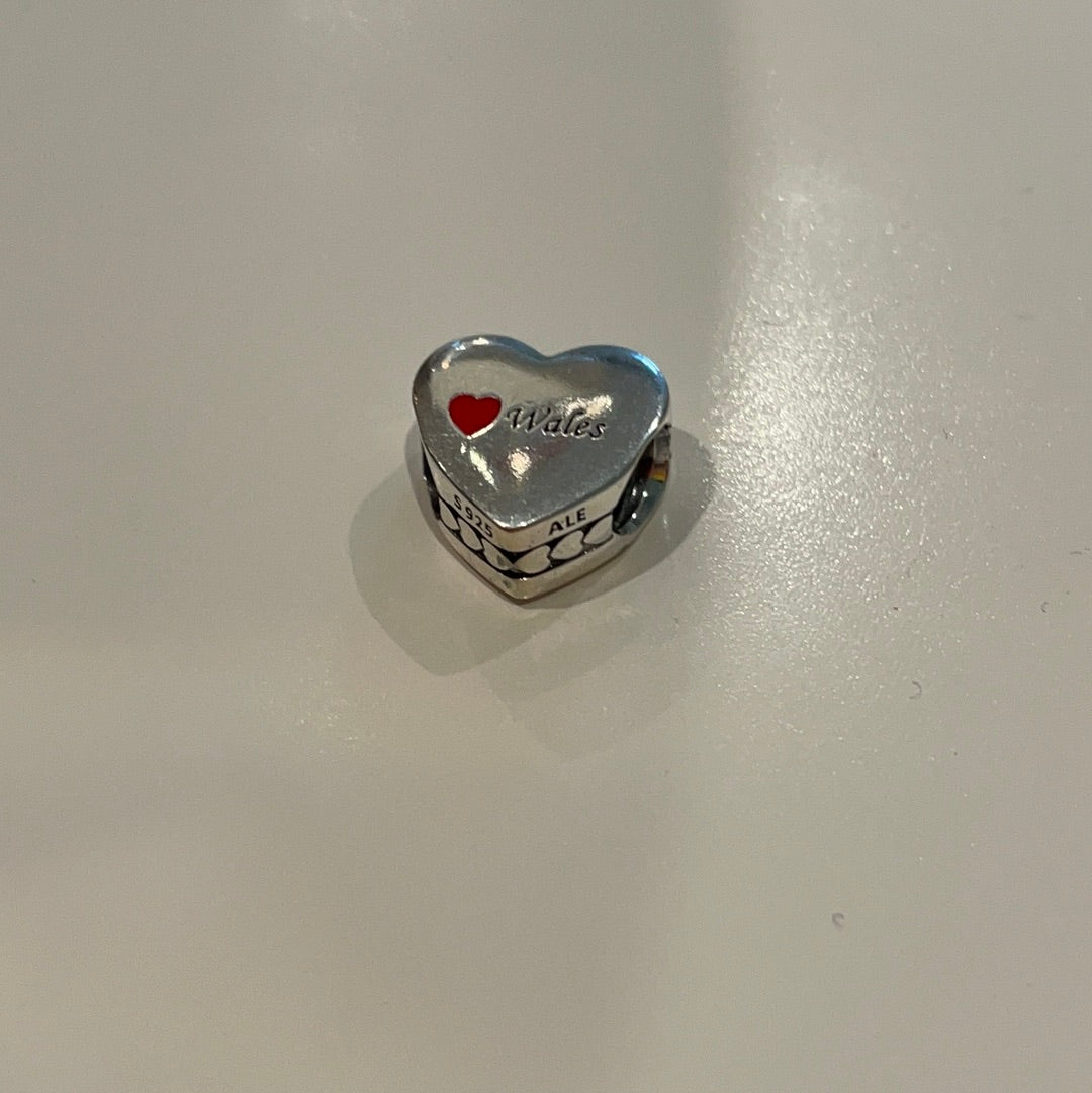 Genuine Pandora Silver Puffed Heart Charm With I Love Wales And Enamel Heart Charm