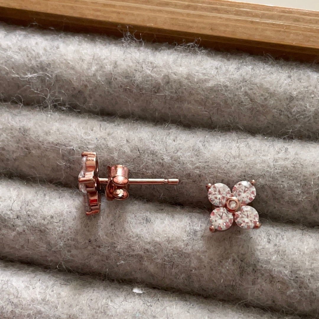 Brand New Rose Gold Plated Sterling Silver Earrings Studs Cz Flowers 4 Petals