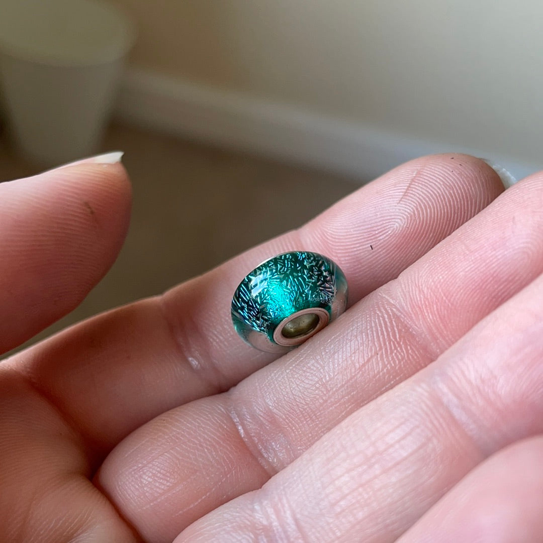 Genuine Chamilia Teal Blue Green Turquoise Sparkle Foil Murano Glass Charm