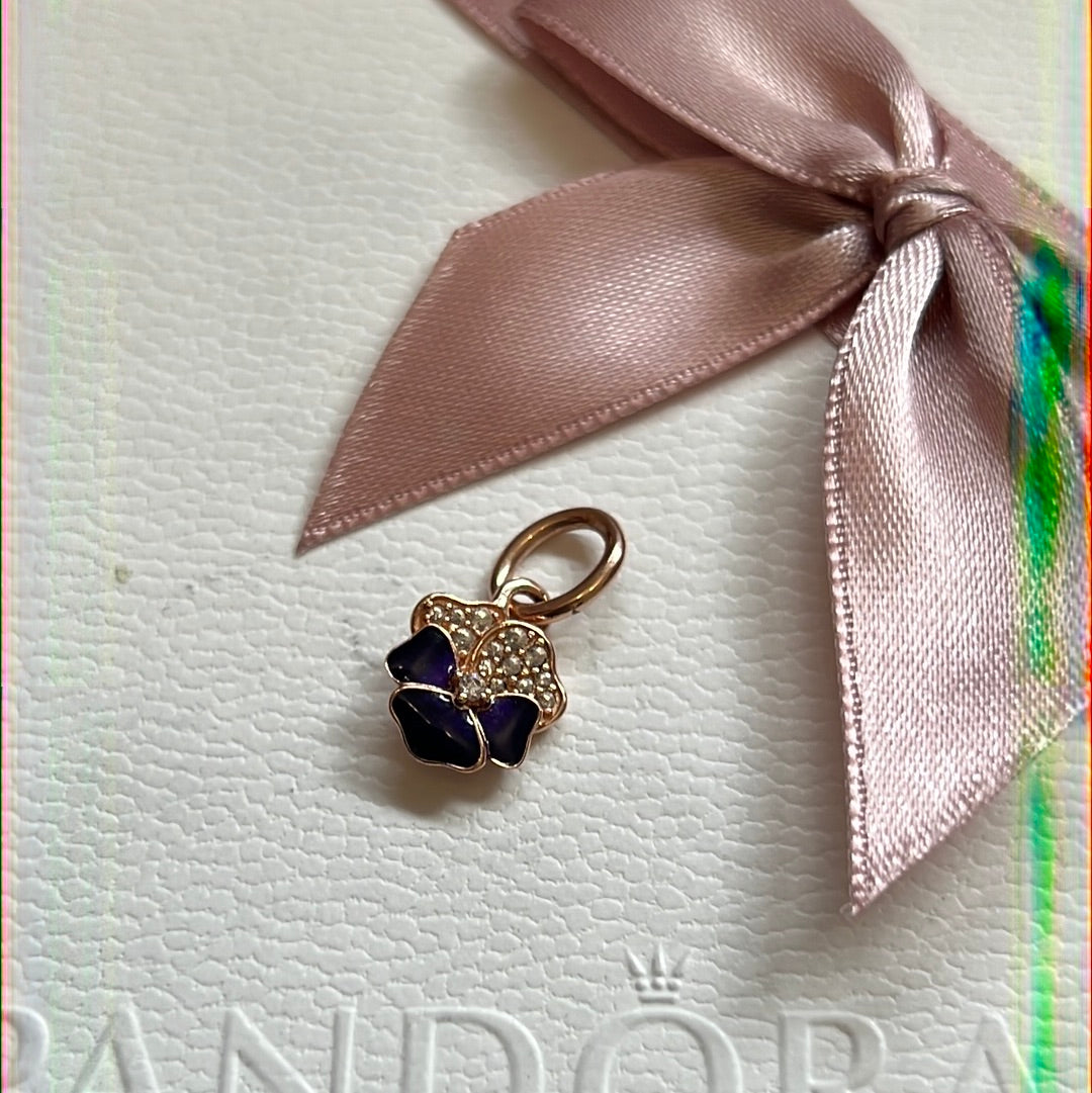 Genuine Pandora Rose Gold Pave Purple Pansy Flower Dangle Charm