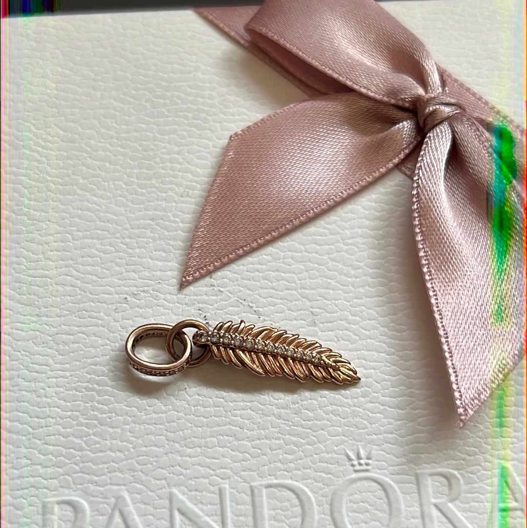 Genuine Pandora Rose Gold Pave Sparkling Feather Leaf Dangle