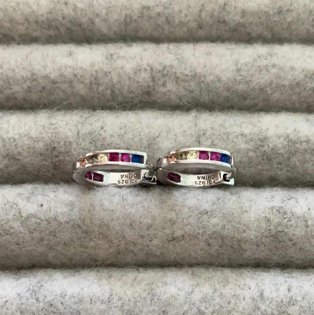 Brand New Sterling Silver Small Sleeper Hoops With Rainbow Coloured CZ Pave Earrings