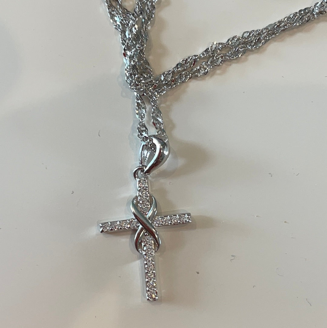 Sterling Silver Pave Infinity Cross Dangle Pendant on a Sterling Silver Twisted Necklace Chain BEAUTIFUL and Dainty