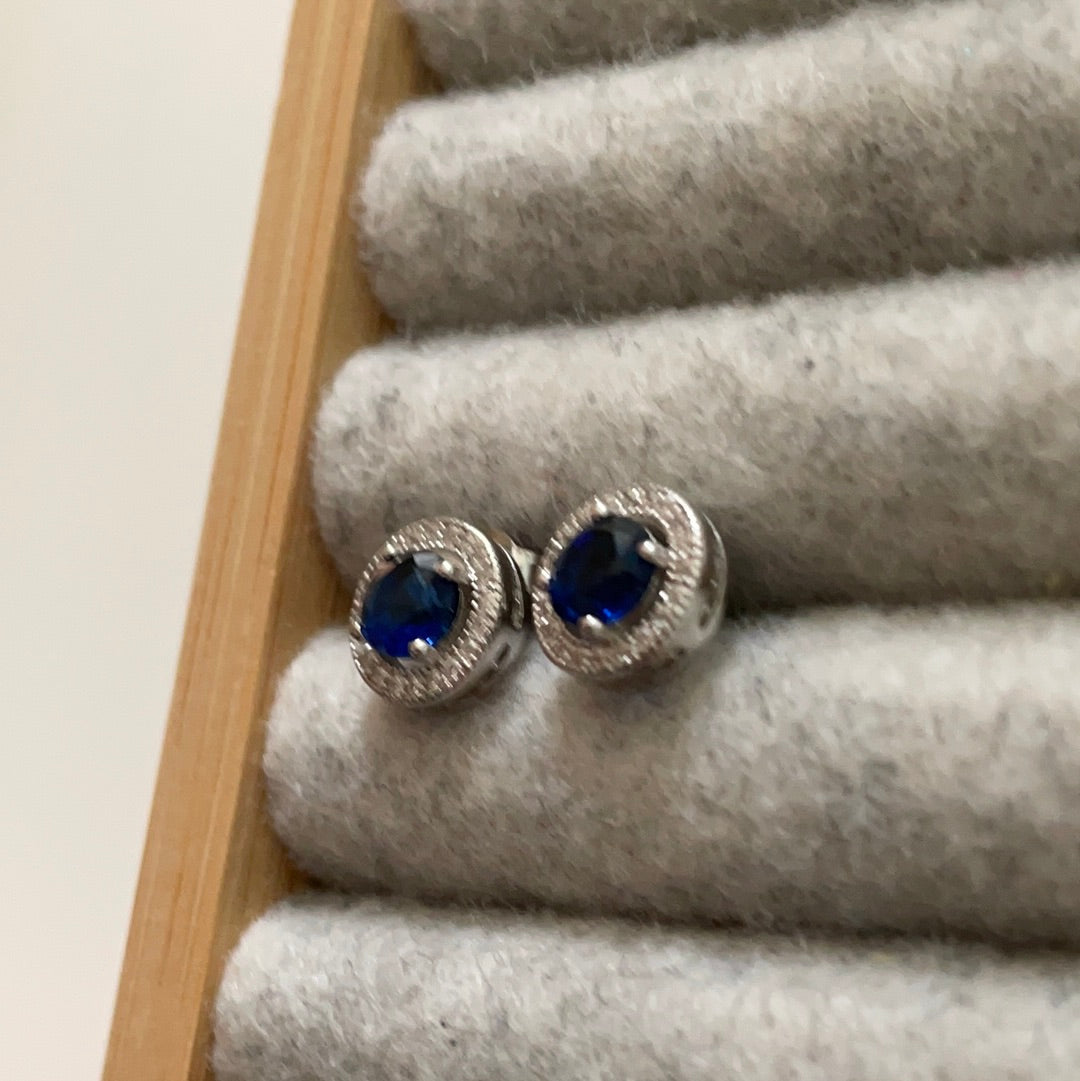 Brand New Sterling Silver CZ Blue Stone Sparkle Pave Studs Beautiful Slightly Openwork