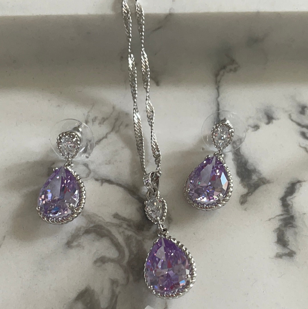 Brand New Set of Earrings and Necklace With Pale Purple Stone Pave