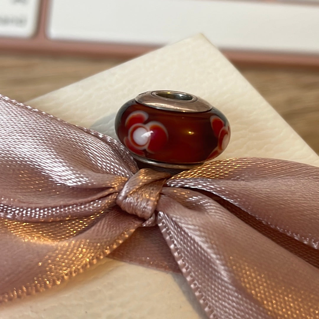 Genuine Pandora Dark Red Brown Murano Glass Charm with Red Flowers