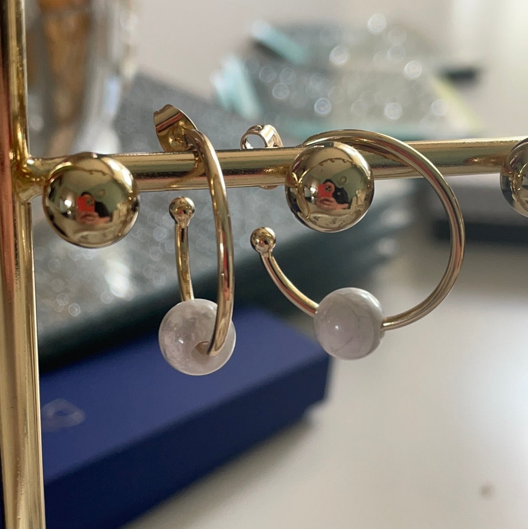 Brand New Howlite Genuine Gemstone Hoop Dangle Earrings Large 14kt Gold Plated Brass STUNNING