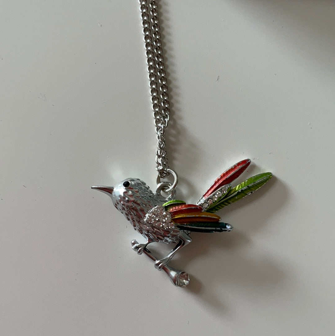 Brand New Silver Plated Enamel Colourful Bird on a Perch Necklace IN BOX