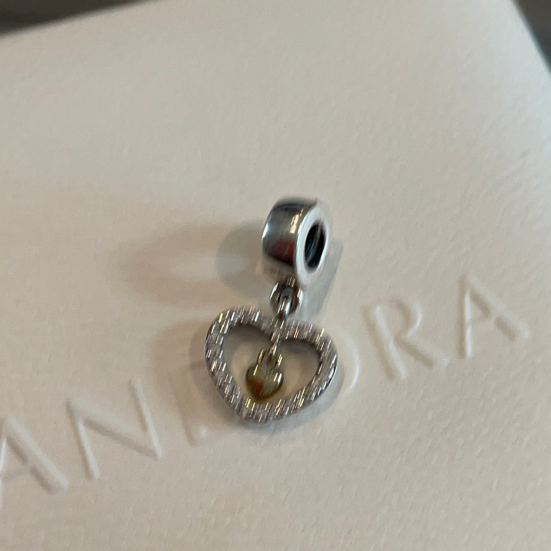 Genuine Pandora Two Tone Dangle Pave Heart With Gold Heart Inner Dangle