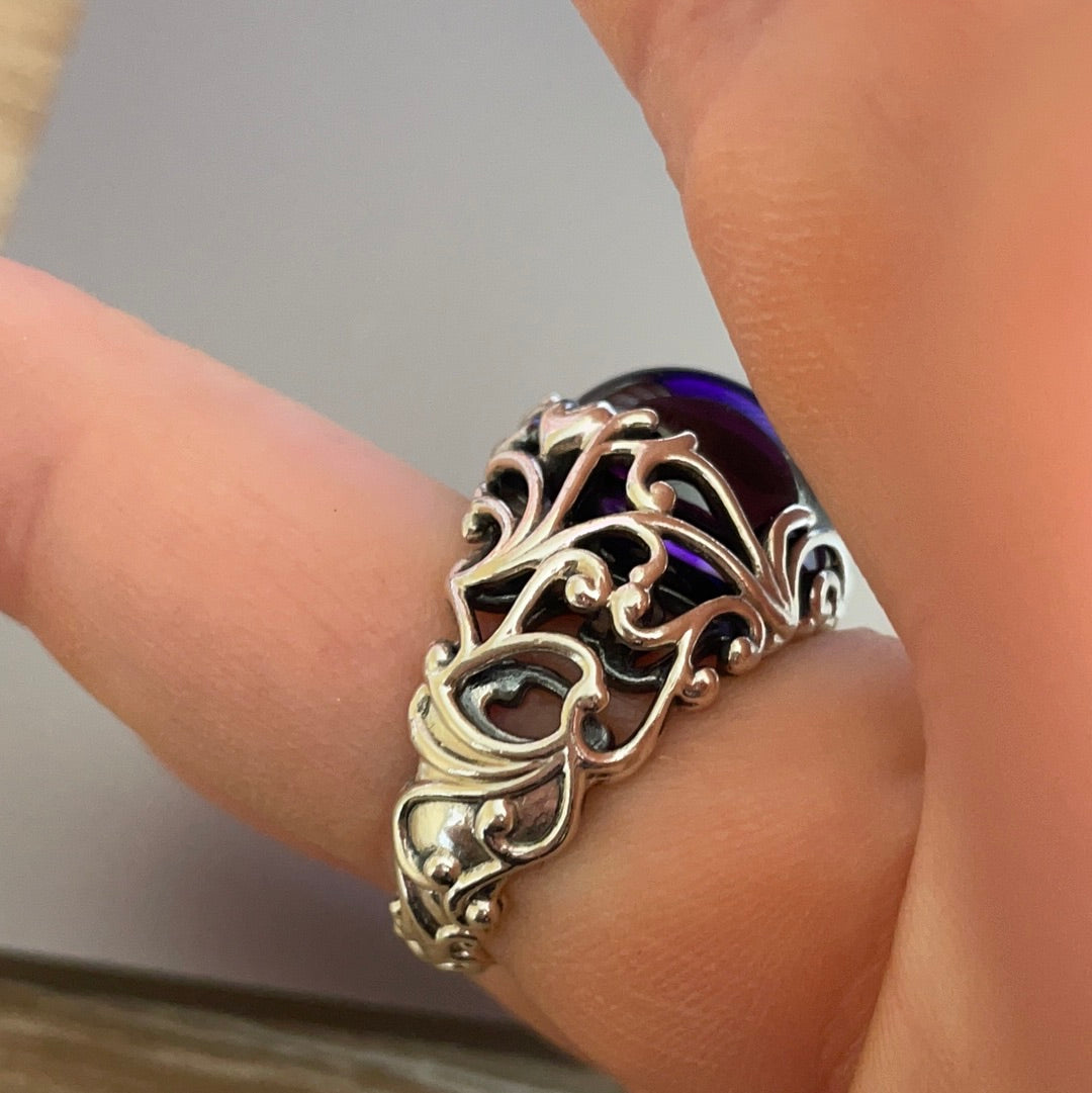 Genuine Pandora Large Massive Purple Cabochon Stone Ring Gothic Statement Size 54