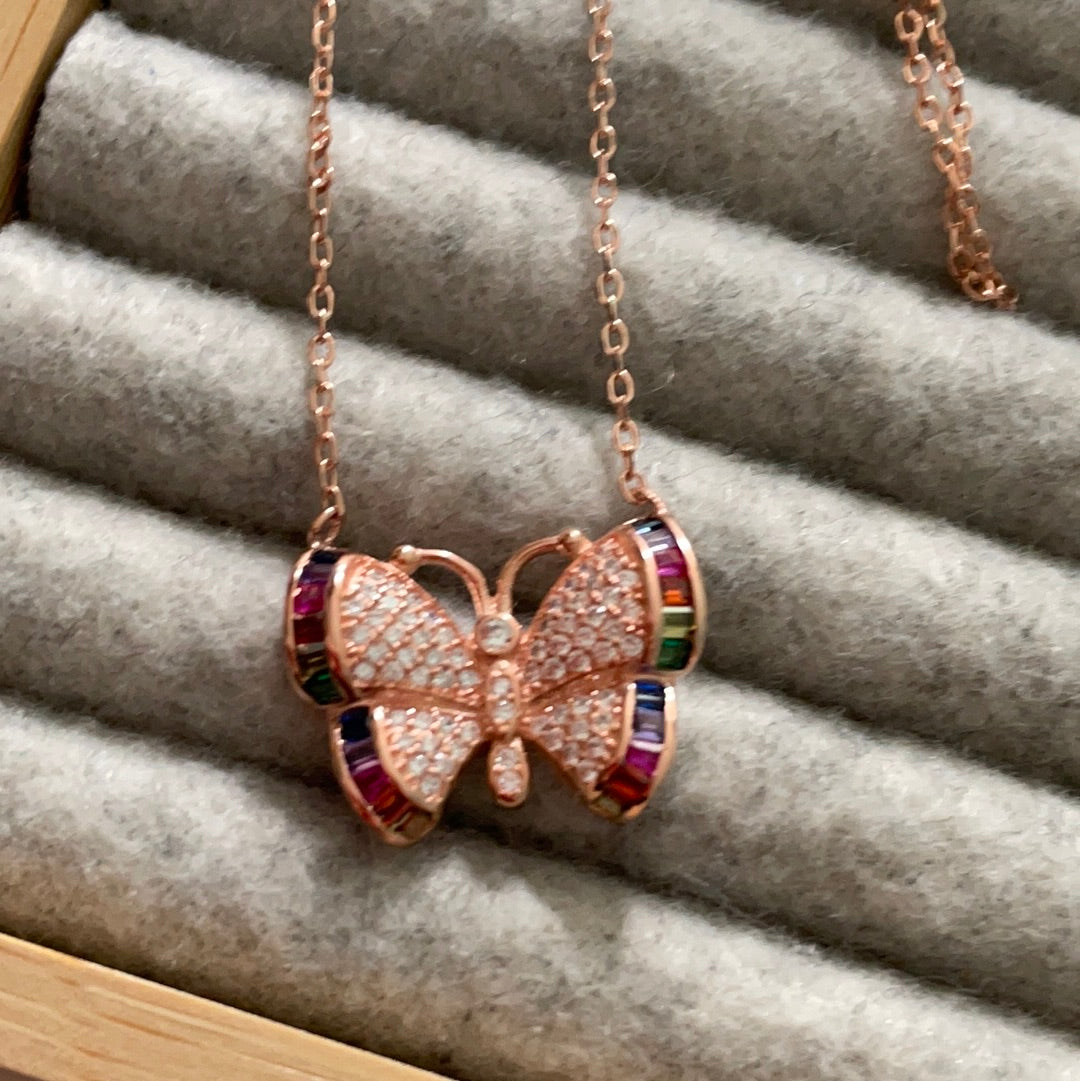 Brand New Rose Gold Pave CZ Rainbow Butterfly Necklace STUNNING