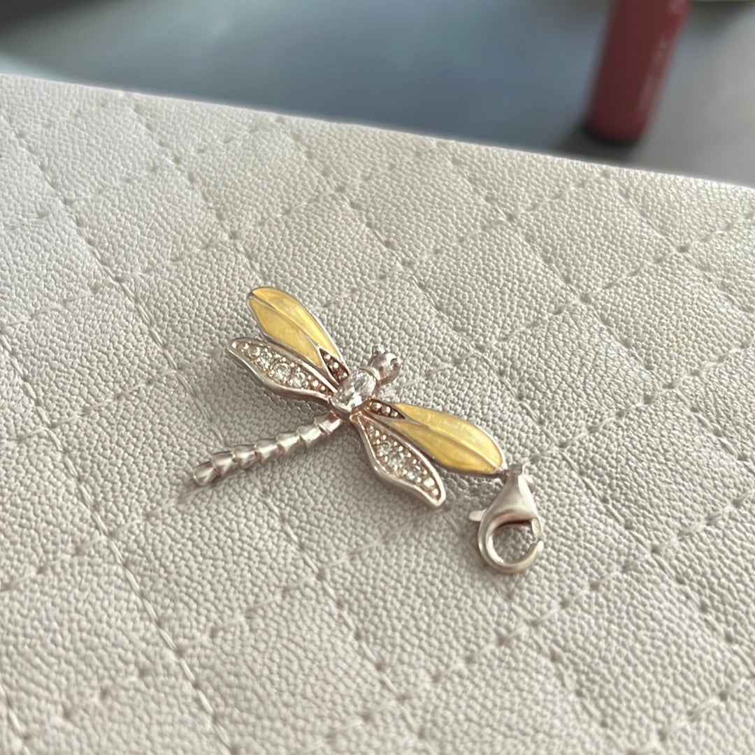 Thomas Sabo Sterling Large Silver Enamel Dragonfly Clip Dangle With Golden and Pink Wings HTF