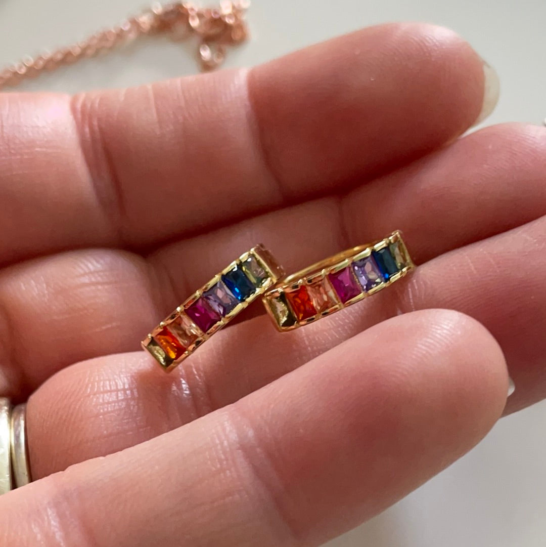 Brand New Gold Plated Sterling Silver Little Hoop/Sleeper Earrings WIth Rainbow ColourfulStone Detail