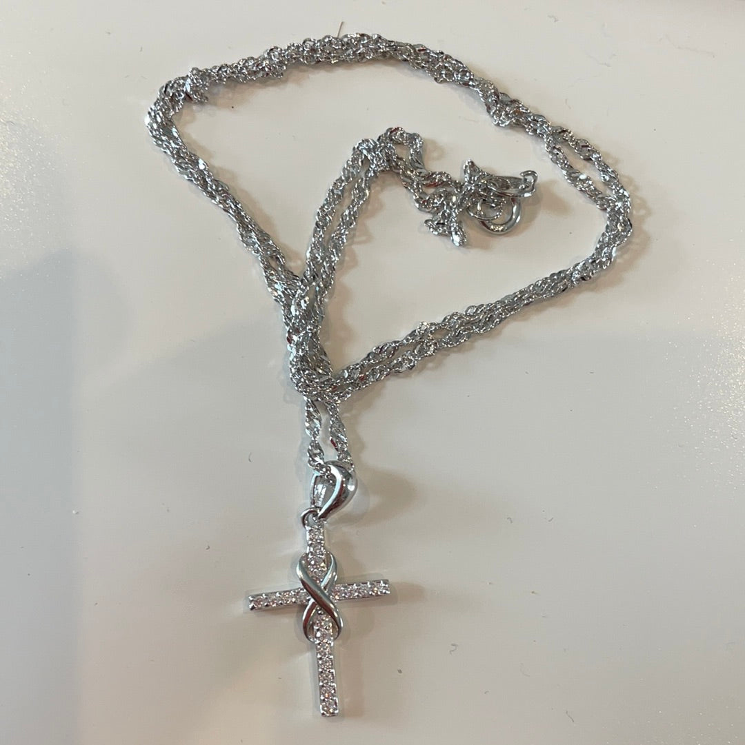 Sterling Silver Pave Infinity Cross Dangle Pendant on a Sterling Silver Twisted Necklace Chain BEAUTIFUL and Dainty