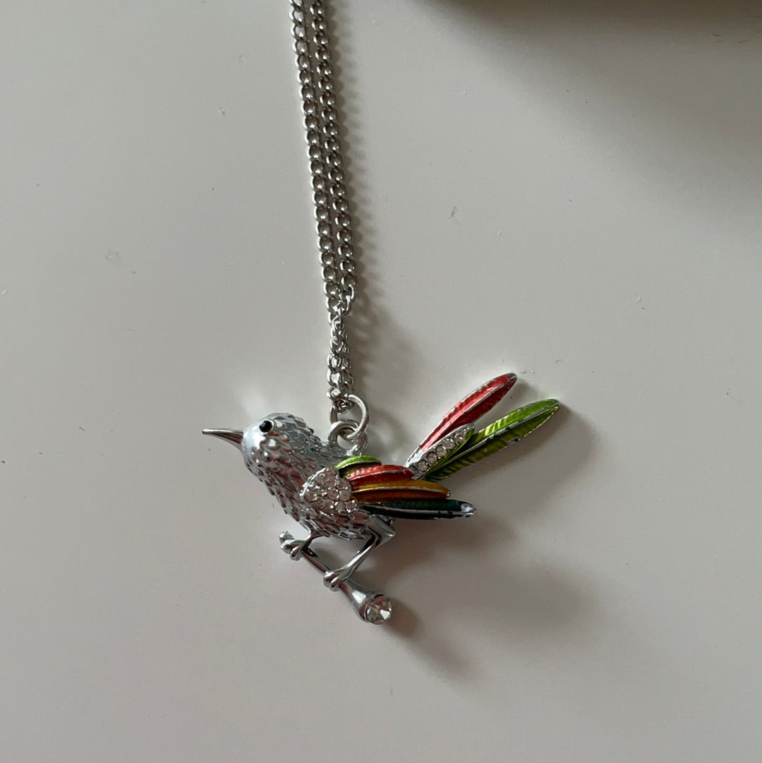 Brand New Silver Plated Enamel Colourful Bird on a Perch Necklace IN BOX