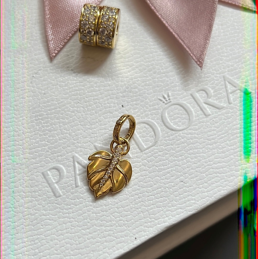 Genuine Pandora Shine Gold Leaf Pave Dangle Charm