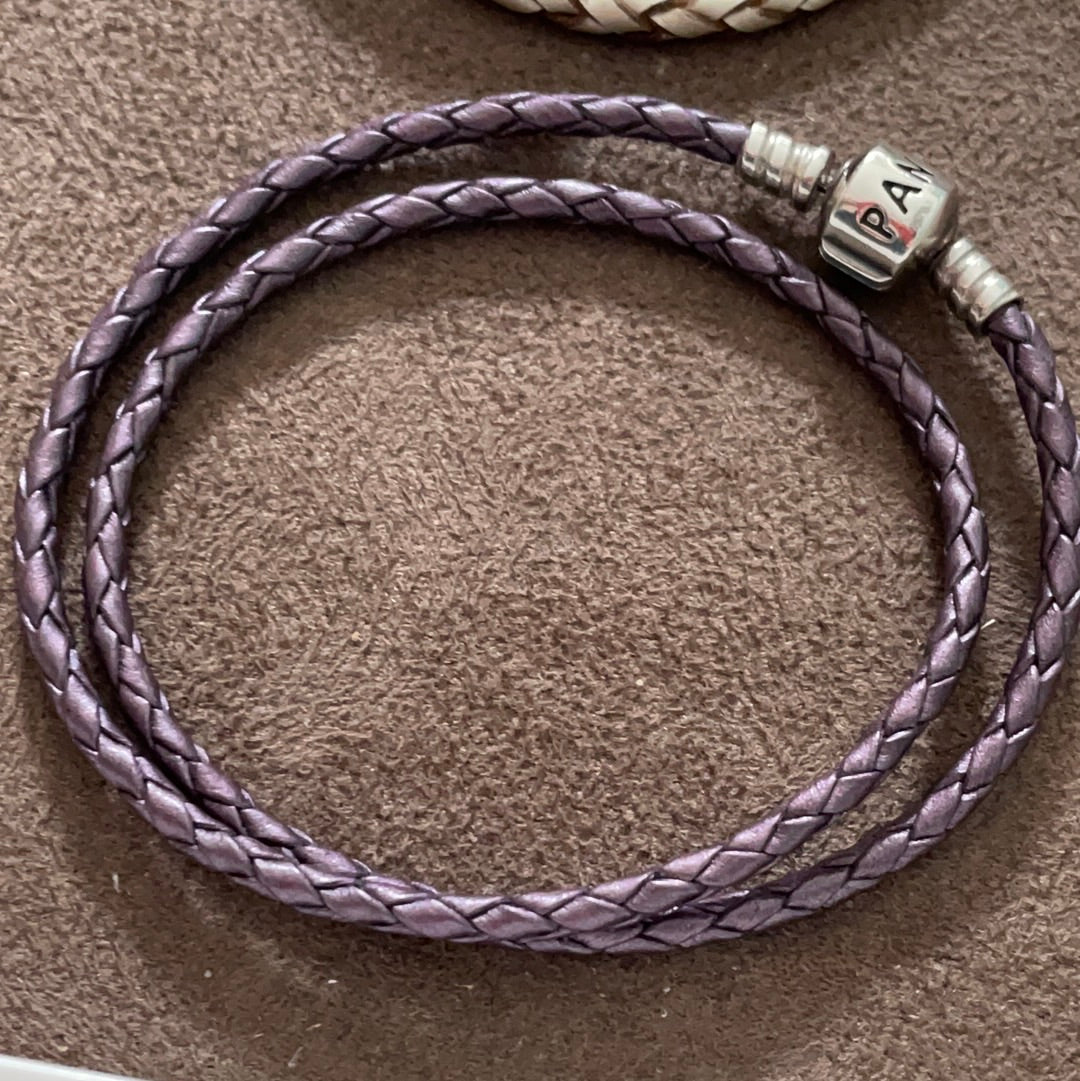 Genuine Pandora Purple Double Leather Bracelet Size Medium 36cm