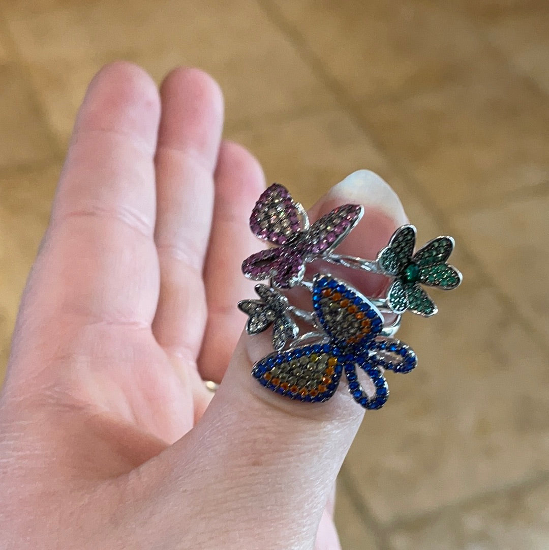 Brand New BEAUTIFUL Sterling Silver Pave Butterfly Ring in Various Colours and Sizes