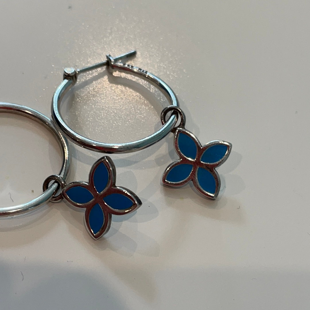 Genuine Pandora Hoops and Blue Enamel Flower Dangle Compose Earrings RARE