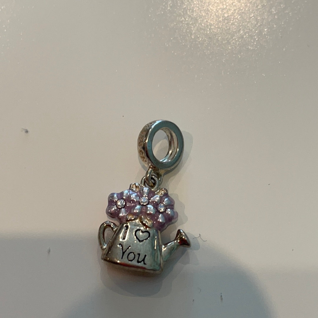 Genuine Chamilia Purple Enamel Pave Flower Filled Watering Can Charm with I Love You and MUM on the back