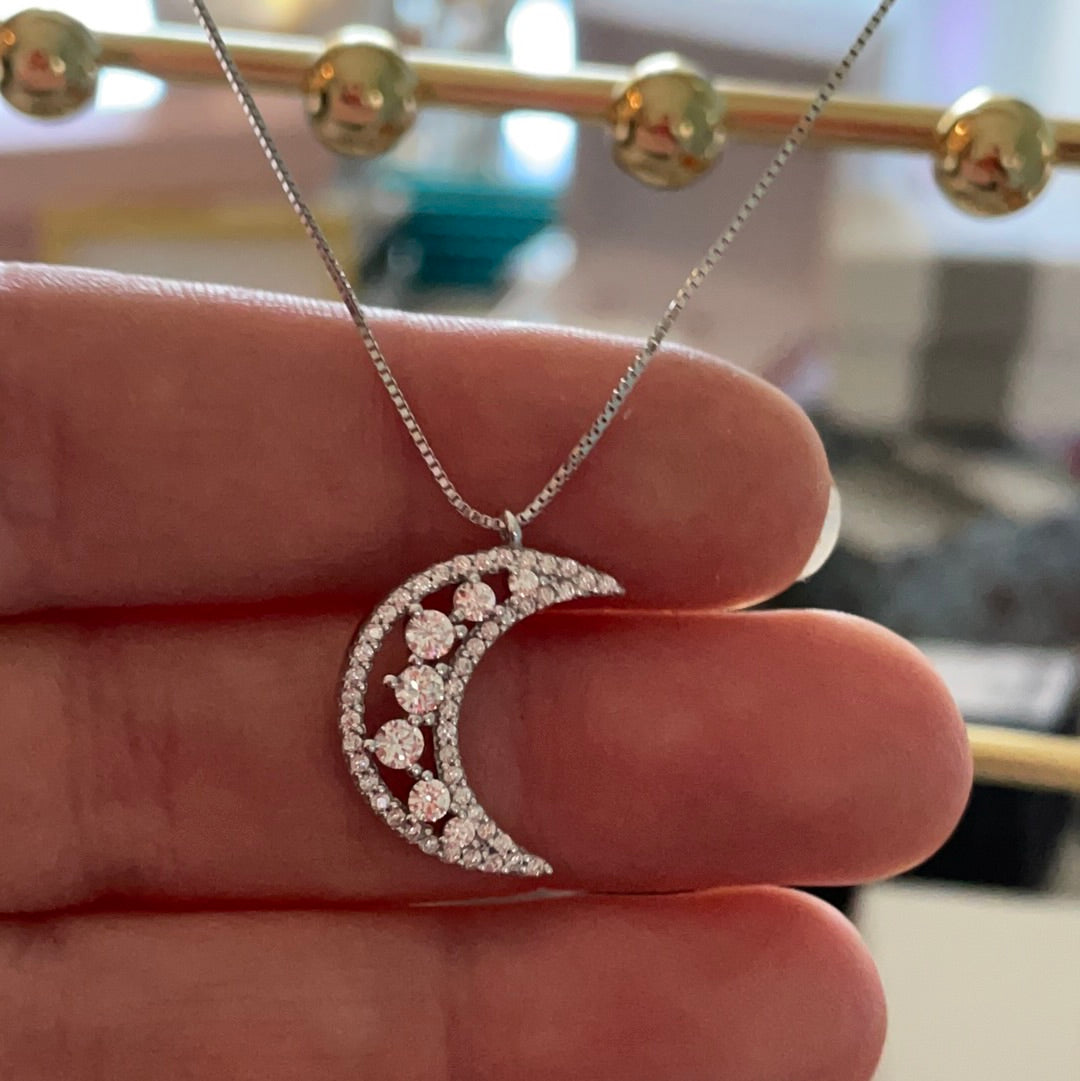 Brand New Sterling Silver Pave Cz Openwork Moon Necklace BEAUTIFUL