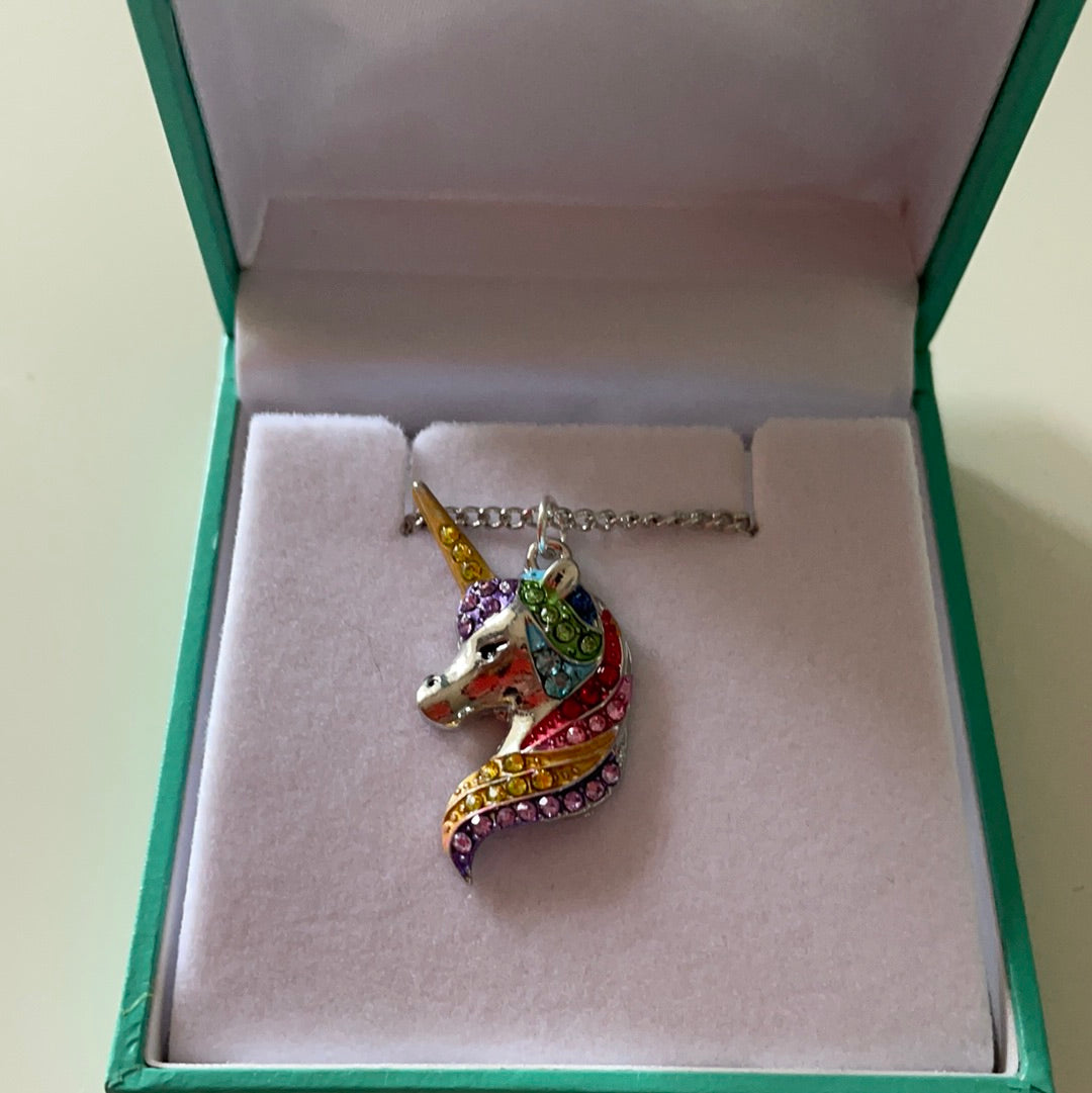 Brand New Silver Plated Enamel Colourful Unicorn Necklace IN BOX