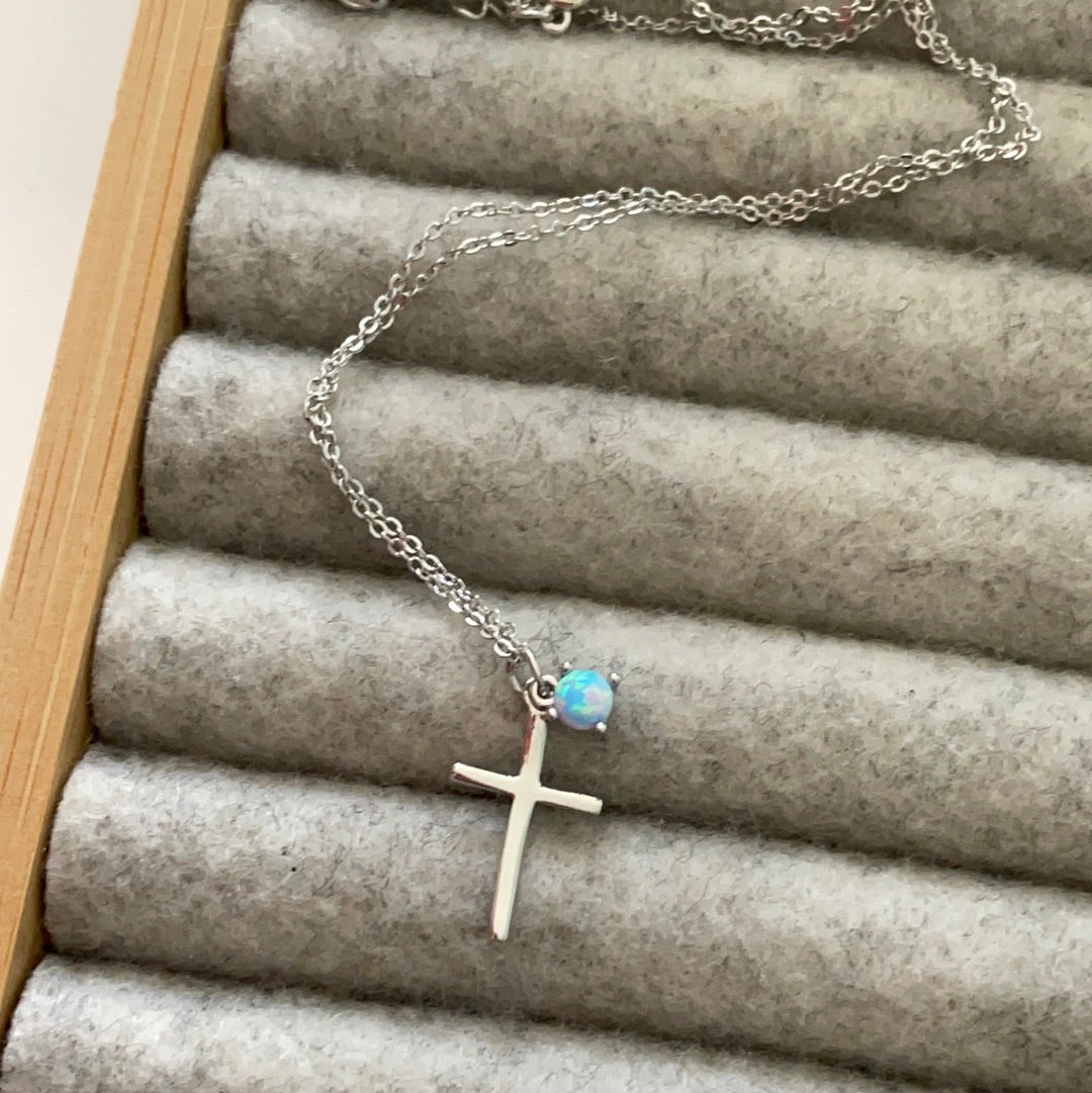 Brand New Sterling Silver Argento Cross and Opal Dangle Necklace BEAUTIFUL and Dainty