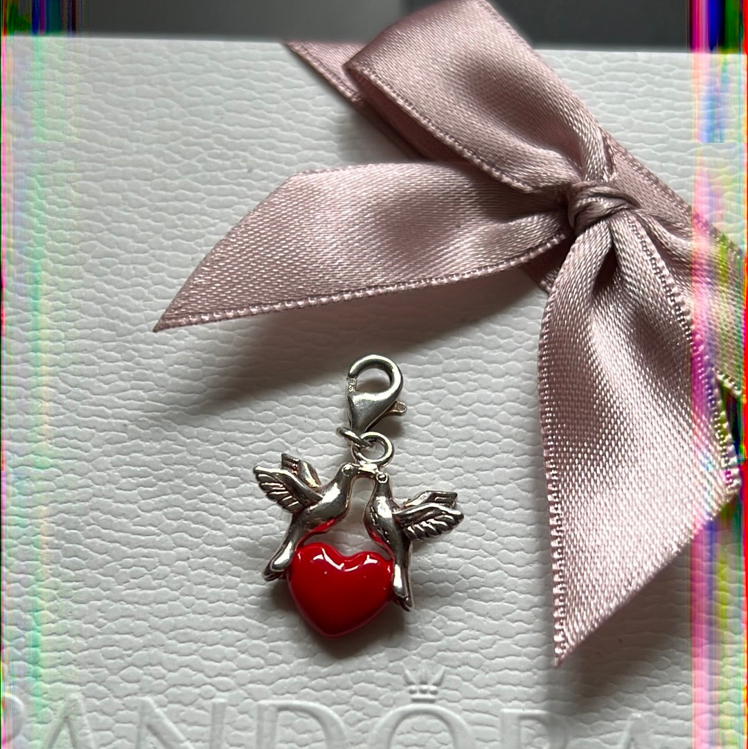 Genuine Thomas Sabo Sterling Silver Enamel Dangle Charm Red Heart Kissing Birds