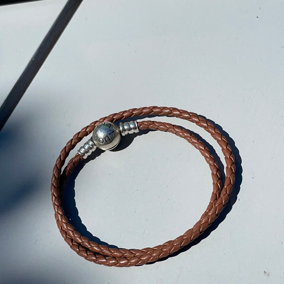 Genuine Pandora Tan Brown Double Leather Bracelet Size 20cm fit