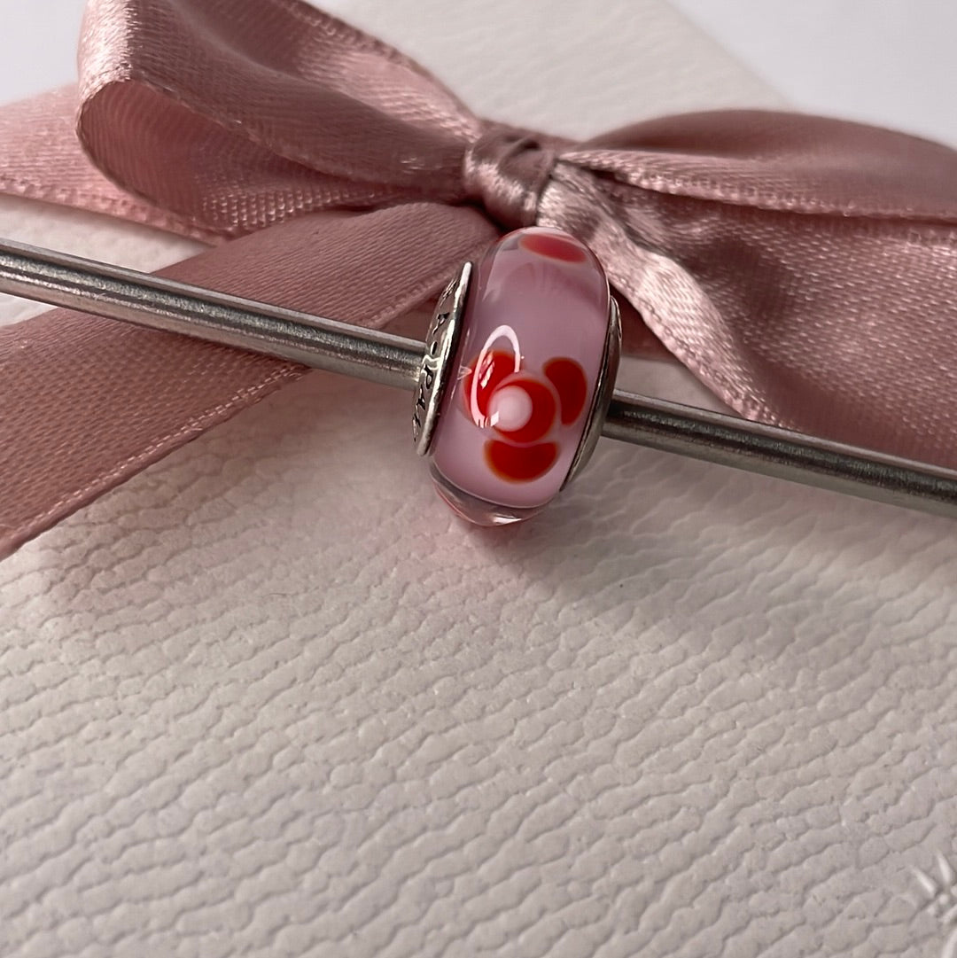Genuine Pandora Pink Glass Murano Charm With Red Flowers
