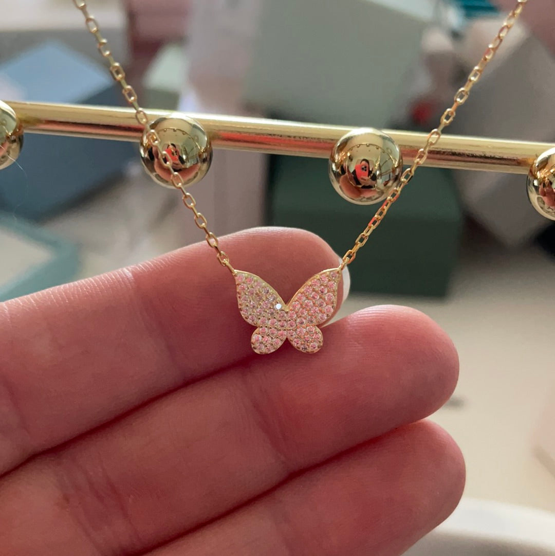 Brand New Pave CZ Butterfly Sterling Silver Gold Plated Necklace